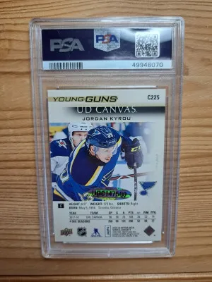 2019-20 Upper Deck Buyback Young Guns Canvas Gold Auto Jordan Kyrou #C225 08/10 PSA 9 Auto 10 back
